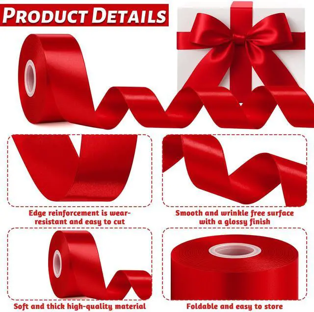 Alt view image 3 of 7 - 1 1/2 in 30 Yards Polyester Red Ribbon for Gift Wrapping Festival Decor | Texture Red Satin Ribbon, Smooth and Glossy, Strengthen Edge Stitching, Perfect for Christmas Day, Valentine's Day Crafts