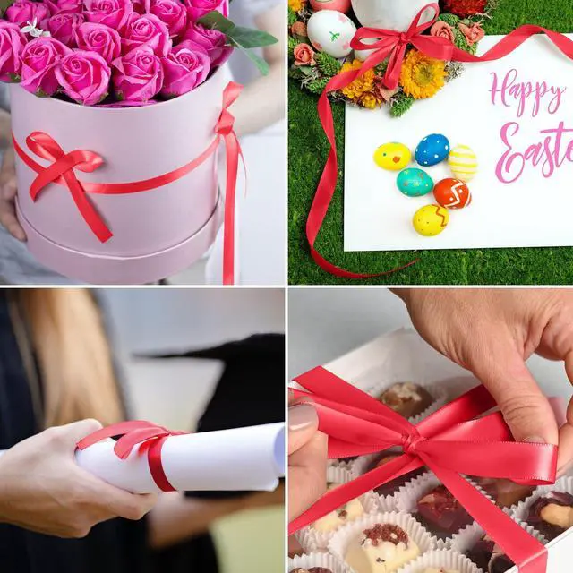 Alt view image 4 of 4 - Red Ribbon 3/8", Ribbon for Gift Wrapping Flower Bouquet Crafts Bow Leis Hair, Satin Fabric Ribbons for Bridal Wedding Party Decoration Every Holiday 50 Yards