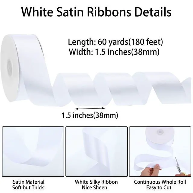 Alt view image 2 of 6 - White Satin Ribbon 1 1/2 Inch 60 Yards Gift Ribbon | Single-sided Polyester Satin, ideal for Bridesmaids Bouquets Bridal Wedding Sash Flowers Bouquet Chair Bows