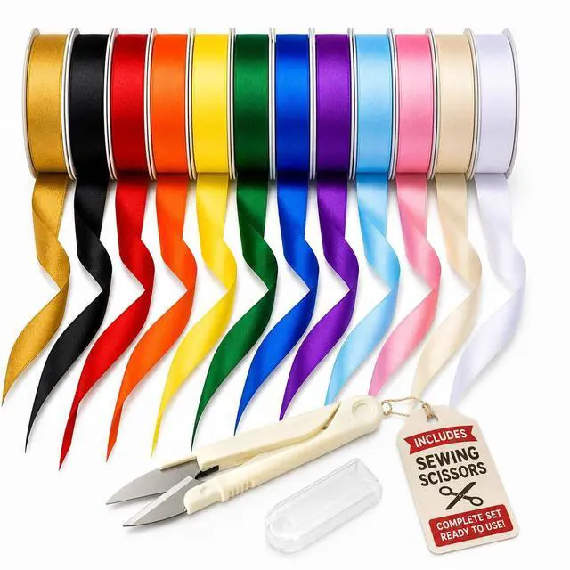 Main image of Satin Ribbon Pack 3/8 Inch, 12 Rolls 120 Yards Colorful Ribbon, 10 Yards Each Roll, 12 Colors Ribbons for Crafts, Gift Wrapping, Hair Bows, Flower Bouquet & Party Decor, with Scissors