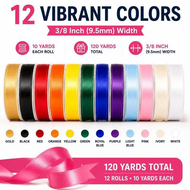 Alt view image 2 of 7 - Satin Ribbon Pack 3/8 Inch, 12 Rolls 120 Yards Colorful Ribbon, 10 Yards Each Roll, 12 Colors Ribbons for Crafts, Gift Wrapping, Hair Bows, Flower Bouquet & Party Decor, with Scissors