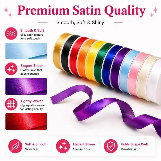 Alt view image 4 of 7 - Satin Ribbon Pack 3/8 Inch, 12 Rolls 120 Yards Colorful Ribbon, 10 Yards Each Roll, 12 Colors Ribbons for Crafts, Gift Wrapping, Hair Bows, Flower Bouquet & Party Decor, with Scissors