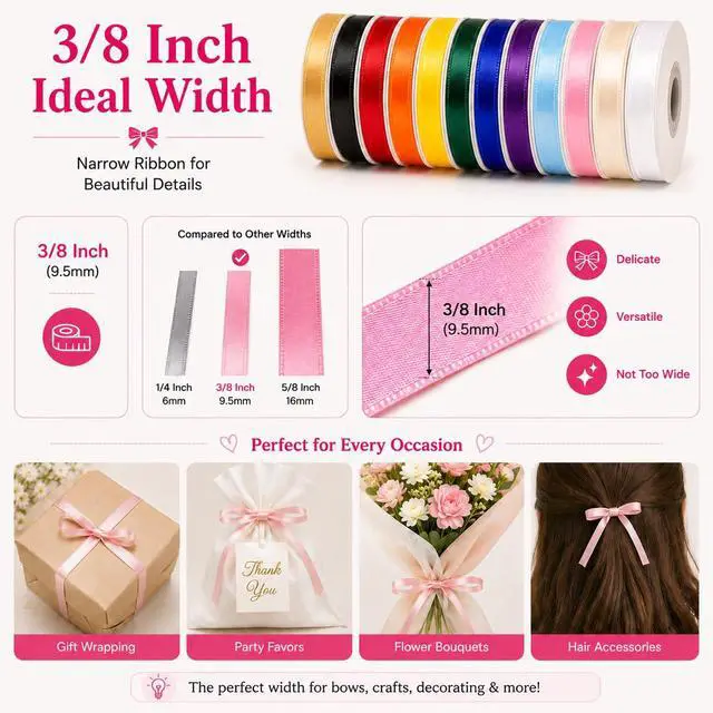 Alt view image 5 of 7 - Satin Ribbon Pack 3/8 Inch, 12 Rolls 120 Yards Colorful Ribbon, 10 Yards Each Roll, 12 Colors Ribbons for Crafts, Gift Wrapping, Hair Bows, Flower Bouquet & Party Decor, with Scissors