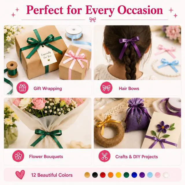 Alt view image 6 of 7 - Satin Ribbon Pack 3/8 Inch, 12 Rolls 120 Yards Colorful Ribbon, 10 Yards Each Roll, 12 Colors Ribbons for Crafts, Gift Wrapping, Hair Bows, Flower Bouquet & Party Decor, with Scissors