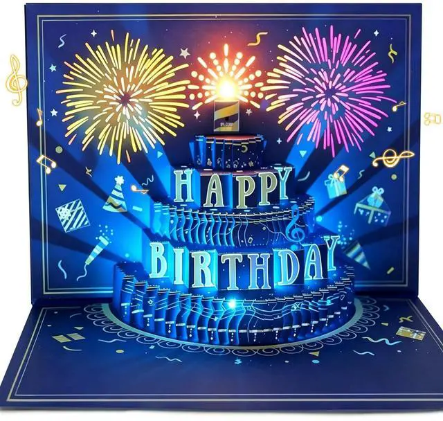 Main image of Pop Up Birthday Card with Music, Light, Firework For Men Women | Play Birthday Song, Fireworks & Lights Dance, Blowable Candle, 3D Musical Happy Birthday Cards Gift for Mom Kids Dad Wife