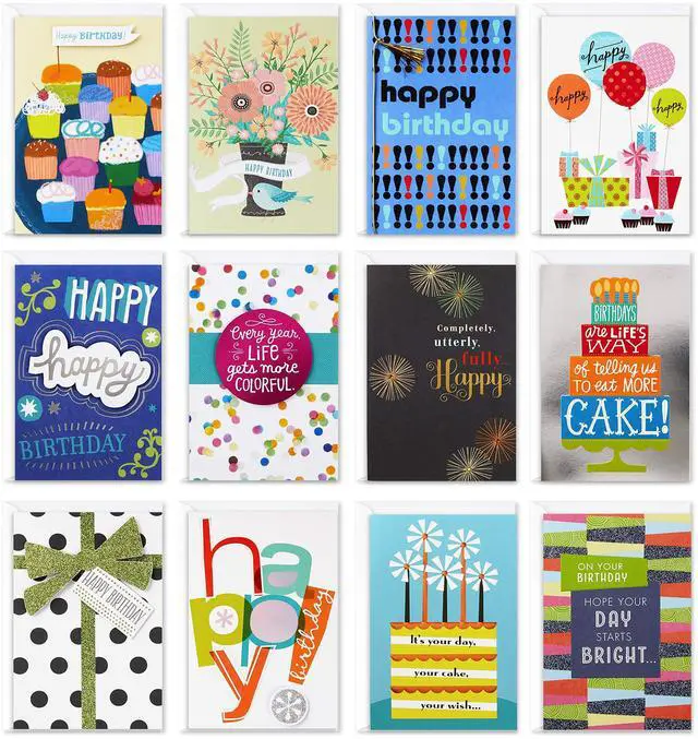Main image of Birthday Cards with Envelopes, Assorted 12-Pack (Happy!) | Hand-embellished details with glitter and ribbon. White envelopes included. Premium paper stock., 4.7 x 6.8 in