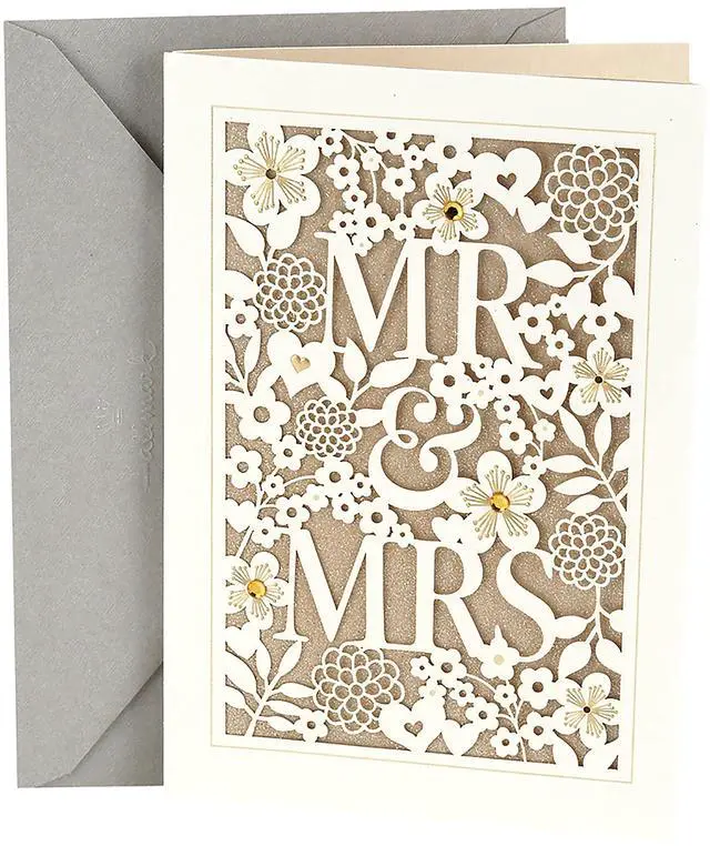 Main image of Wedding Card (Mr. & Mrs.) | Die-cut Floral and Heart Pattern, Glittery Gold Backdrop, Envelope Included, High Quality Paper, Card Measures 5.8" X 8.3"