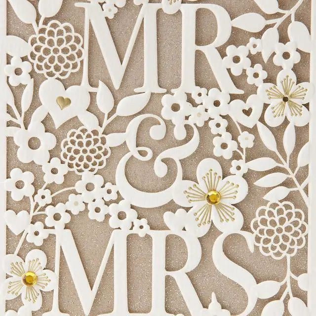 Alt view image 5 of 7 - Wedding Card (Mr. & Mrs.) | Die-cut Floral and Heart Pattern, Glittery Gold Backdrop, Envelope Included, High Quality Paper, Card Measures 5.8" X 8.3"
