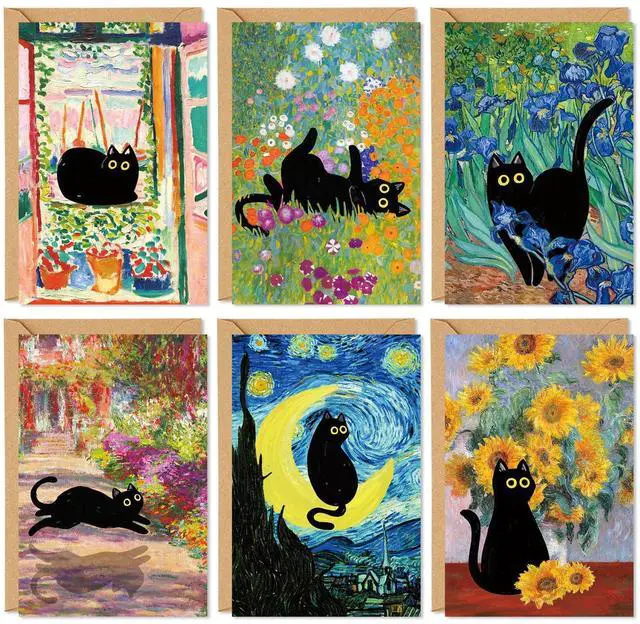 Main image of 36 Pack Black Cat Painting Greeting Card Floral Animal Blank Note Card With Envelope Matching Seal Sticker for Spring Party Favor Supplies, 4 x 6 Inch