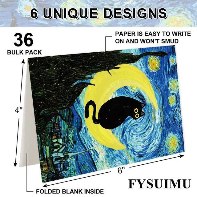 Alt view image 2 of 7 - 36 Pack Black Cat Painting Greeting Card Floral Animal Blank Note Card With Envelope Matching Seal Sticker for Spring Party Favor Supplies, 4 x 6 Inch