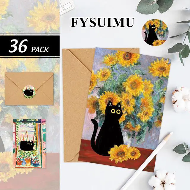 Alt view image 3 of 7 - 36 Pack Black Cat Painting Greeting Card Floral Animal Blank Note Card With Envelope Matching Seal Sticker for Spring Party Favor Supplies, 4 x 6 Inch