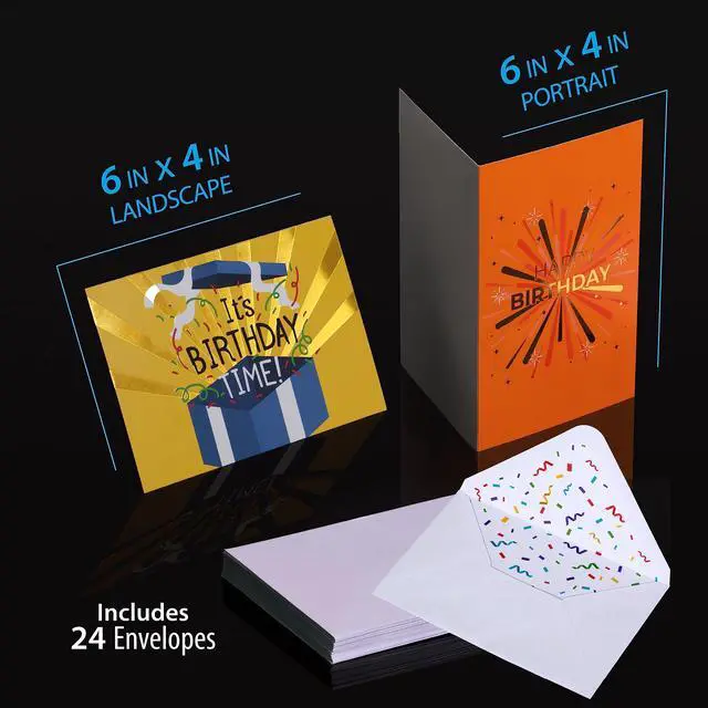 Alt view image 3 of 6 - 24 Pack Unique Gold Foil Birthday Cards with Envelopes & Stickers | 4x6 Inches Blank Happy Birthday Cards Assortment in Bulk for Family, Kids, Friends, Work & Office Celebrations.