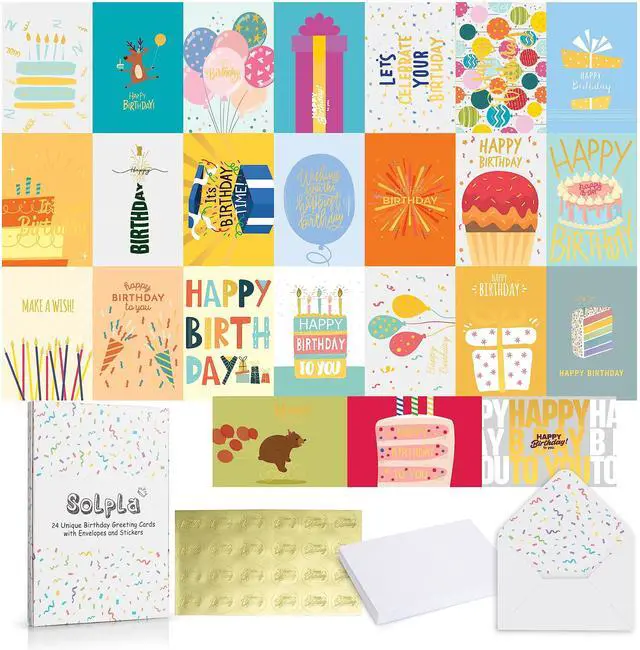 Main image of 24 Pack Unique Gold Foil Birthday Cards with Envelopes & Stickers | 4x6 Inches Blank Happy Birthday Cards Assortment in Bulk for Family, Kids, Friends, Work & Office Celebrations.