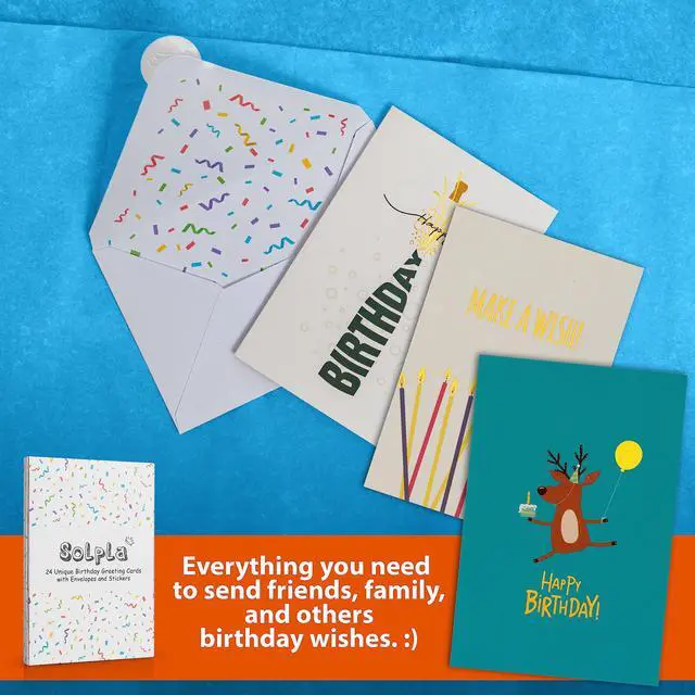 Alt view image 5 of 6 - 24 Pack Unique Gold Foil Birthday Cards with Envelopes & Stickers | 4x6 Inches Blank Happy Birthday Cards Assortment in Bulk for Family, Kids, Friends, Work & Office Celebrations.