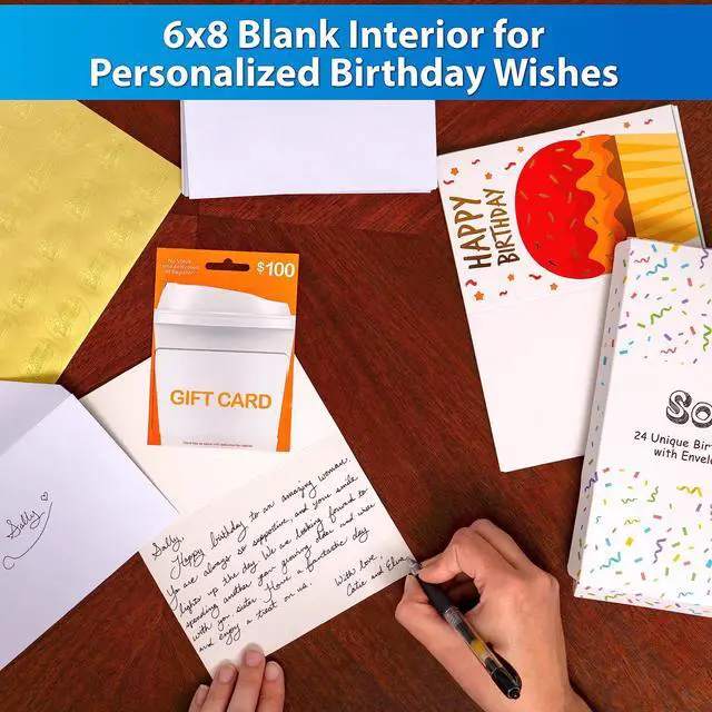 Alt view image 6 of 6 - 24 Pack Unique Gold Foil Birthday Cards with Envelopes & Stickers | 4x6 Inches Blank Happy Birthday Cards Assortment in Bulk for Family, Kids, Friends, Work & Office Celebrations.
