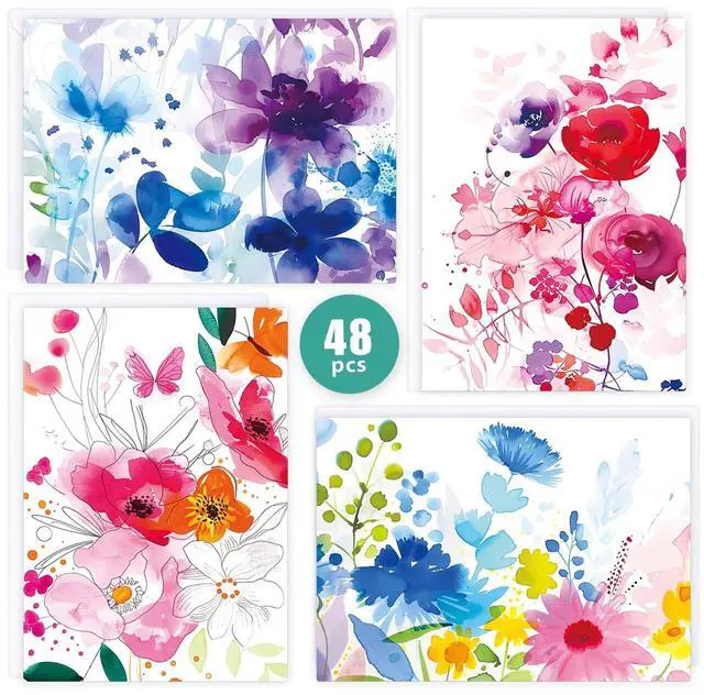 Main image of 48 Pack Blank Cards and Envelopes, Watercolor Flowers Blank Greeting Cards, Blank Cards for All Occasion | Blank Cards for Baby Showers,Birthday,Wedding,Bridal Showers and All Occasion