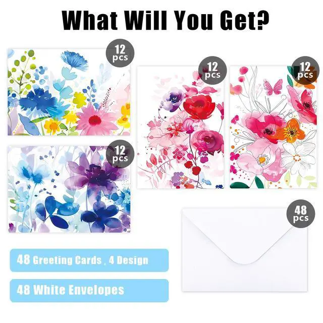 Alt view image 2 of 7 - 48 Pack Blank Cards and Envelopes, Watercolor Flowers Blank Greeting Cards, Blank Cards for All Occasion | Blank Cards for Baby Showers,Birthday,Wedding,Bridal Showers and All Occasion