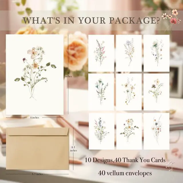 Alt view image 3 of 7 - Blank Cards,Blank Greeting Cards 4x6,40Pack -Elegant Floral Design Blank Greeting Cards,Note Cards with Matching Peel-and-Seal Rustic Envelopes