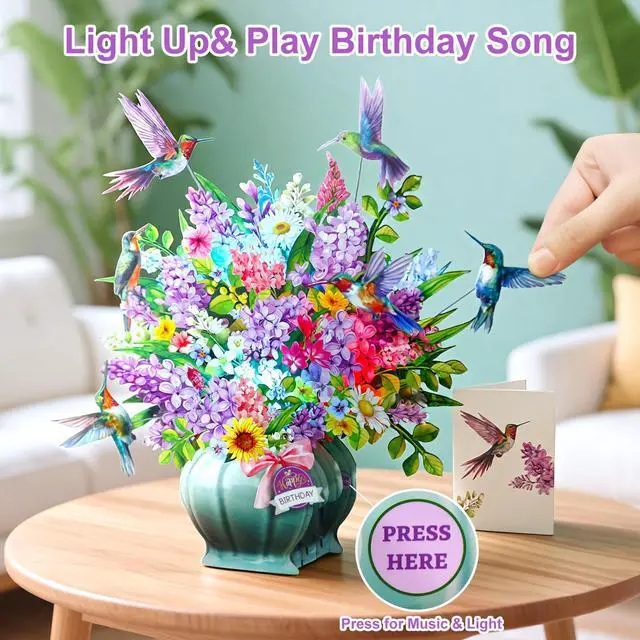 Alt view image 2 of 7 - Birthday Cards for Women, Hummingbird Oasis with Light & Music | 10 Inch Bouquet Happy Birthday Card, 3D Pop Up Birthday Gift Card for Wife Mom Daughter Sister (Blank Notecard & Envelope)