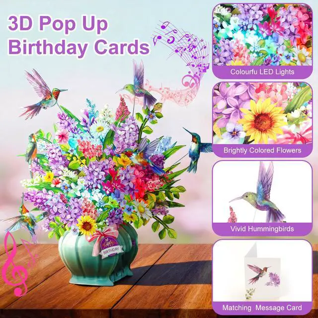 Alt view image 3 of 7 - Birthday Cards for Women, Hummingbird Oasis with Light & Music | 10 Inch Bouquet Happy Birthday Card, 3D Pop Up Birthday Gift Card for Wife Mom Daughter Sister (Blank Notecard & Envelope)