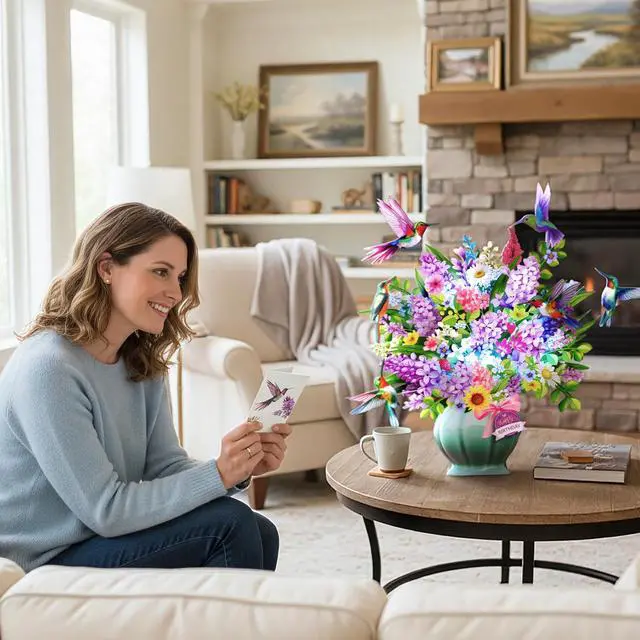 Alt view image 4 of 7 - Birthday Cards for Women, Hummingbird Oasis with Light & Music | 10 Inch Bouquet Happy Birthday Card, 3D Pop Up Birthday Gift Card for Wife Mom Daughter Sister (Blank Notecard & Envelope)