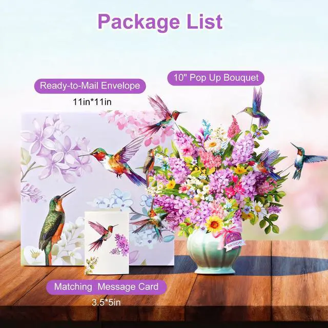 Alt view image 7 of 7 - Birthday Cards for Women, Hummingbird Oasis with Light & Music | 10 Inch Bouquet Happy Birthday Card, 3D Pop Up Birthday Gift Card for Wife Mom Daughter Sister (Blank Notecard & Envelope)