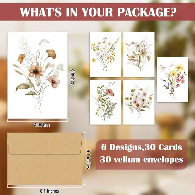 Alt view image 2 of 7 - Blank Cards,Blank Greeting Cards 4x6,30 Pack 6 Assorted Floral Designs Blank Greet Cards with envelopes,Note Cards with Envelopes,Blank Cards with Envelopes
