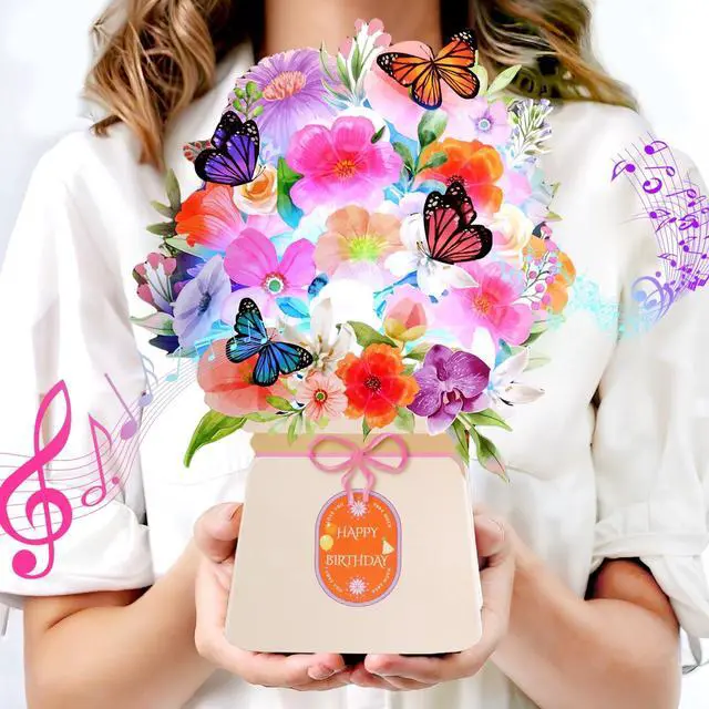 Main image of Birthday Cards, Light and Music Happy Birthday Card for Women | Lily and Butterflies 10 Inch Forever Flower Bouquet, 3D Pop Up Birthday Gift Card for Women Wife Mom Daughter Sister