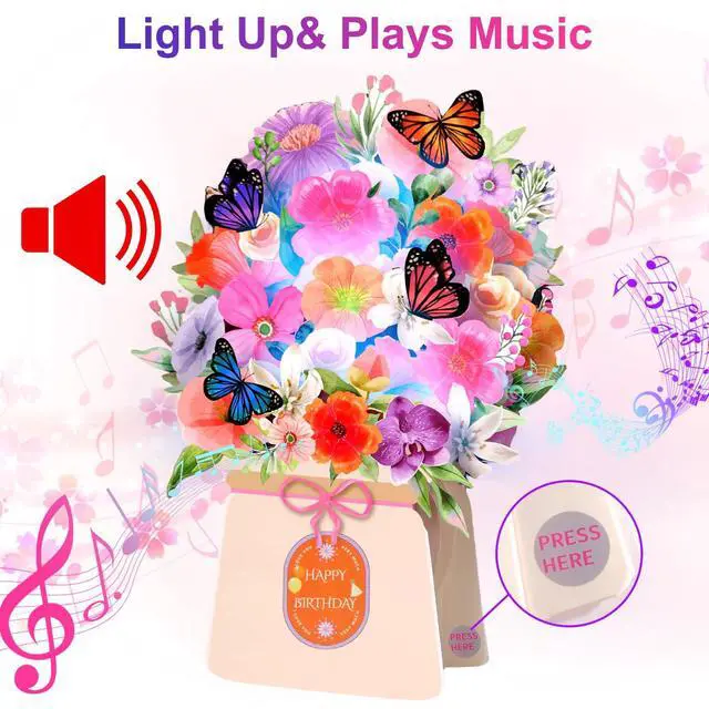 Alt view image 2 of 6 - Birthday Cards, Light and Music Happy Birthday Card for Women | Lily and Butterflies 10 Inch Forever Flower Bouquet, 3D Pop Up Birthday Gift Card for Women Wife Mom Daughter Sister