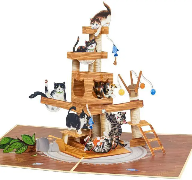 Main image of Cat Tree Pop Up Card, 5x7 Inch 3D Greeting Card, Funny Cats Design for Cat Lovers, Birthday, Mothers Day or Fathers Day, Includes Envelope & Note