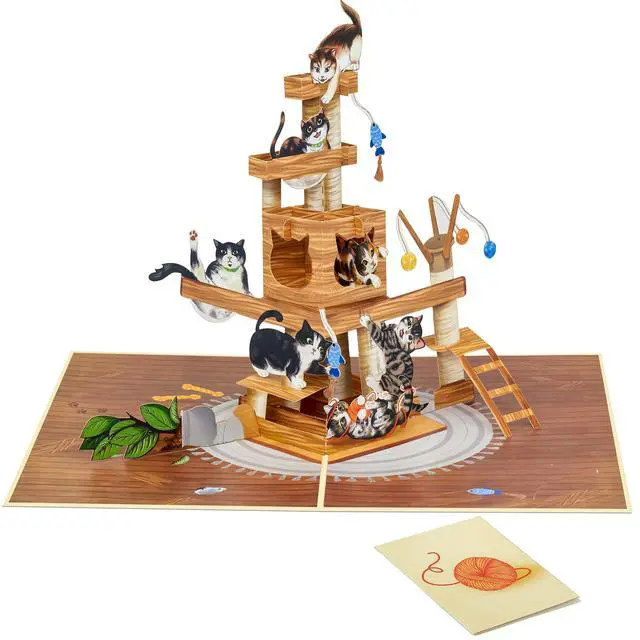 Alt view image 2 of 5 - Cat Tree Pop Up Card, 5x7 Inch 3D Greeting Card, Funny Cats Design for Cat Lovers, Birthday, Mothers Day or Fathers Day, Includes Envelope & Note