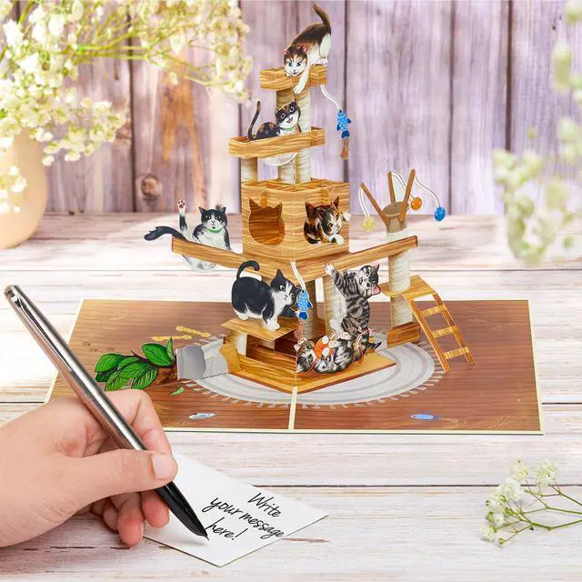 Alt view image 5 of 5 - Cat Tree Pop Up Card, 5x7 Inch 3D Greeting Card, Funny Cats Design for Cat Lovers, Birthday, Mothers Day or Fathers Day, Includes Envelope & Note