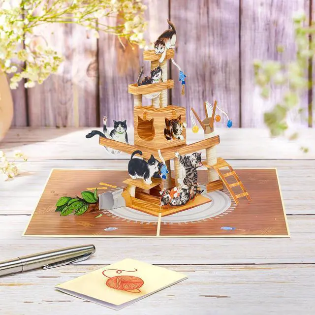 Alt view image 4 of 5 - Cat Tree Pop Up Card, 5x7 Inch 3D Greeting Card, Funny Cats Design for Cat Lovers, Birthday, Mothers Day or Fathers Day, Includes Envelope & Note