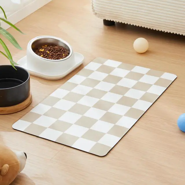Main image of Checkered Dog Feeding Mat, Absorbent Mats for Dog Food and Water Bowl, Dispenser, Retro Aesthetic Khaki Beige Checkerboard Pet Placemat for Dogs, Cats, Puppy Accessories, 12" X 19