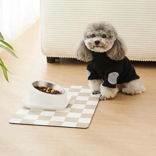 Alt view image 2 of 7 - Checkered Dog Feeding Mat, Absorbent Mats for Dog Food and Water Bowl, Dispenser, Retro Aesthetic Khaki Beige Checkerboard Pet Placemat for Dogs, Cats, Puppy Accessories, 12" X 19
