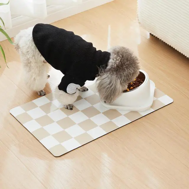 Alt view image 3 of 7 - Checkered Dog Feeding Mat, Absorbent Mats for Dog Food and Water Bowl, Dispenser, Retro Aesthetic Khaki Beige Checkerboard Pet Placemat for Dogs, Cats, Puppy Accessories, 12" X 19