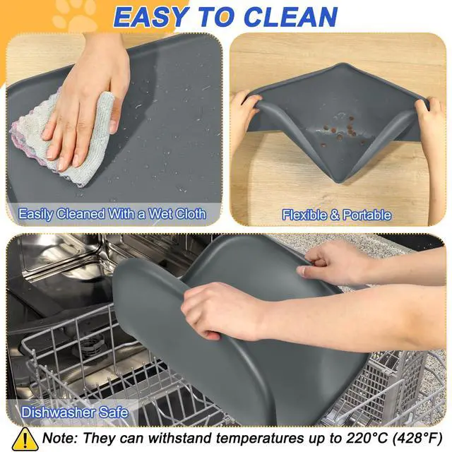 Alt view image 6 of 7 - Waterproof Silicone Pet Food Mat with Raised Edge for Dog & Cat | 19" x 12" Non-Slip Pet Feeding Mats with Lip for Food & Water Bowl, Food Grade, Easy Cleaning, Dark Gray
