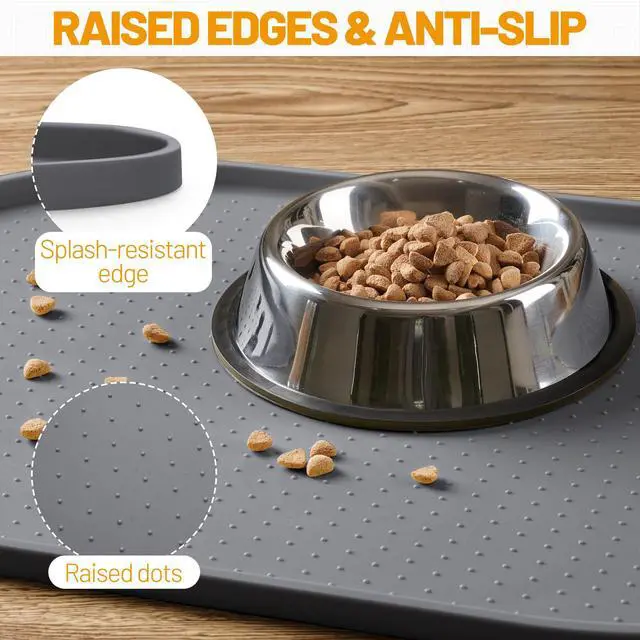 Alt view image 3 of 7 - 100% Waterproof Silicone Pet Feeding Mat with Raised Edge for Food and Water, Dog Bowl Mats, Cat Bowls Placemat with High Lip Protects Floor for Cats and Dogs (Gray, 19" L x 12" W)