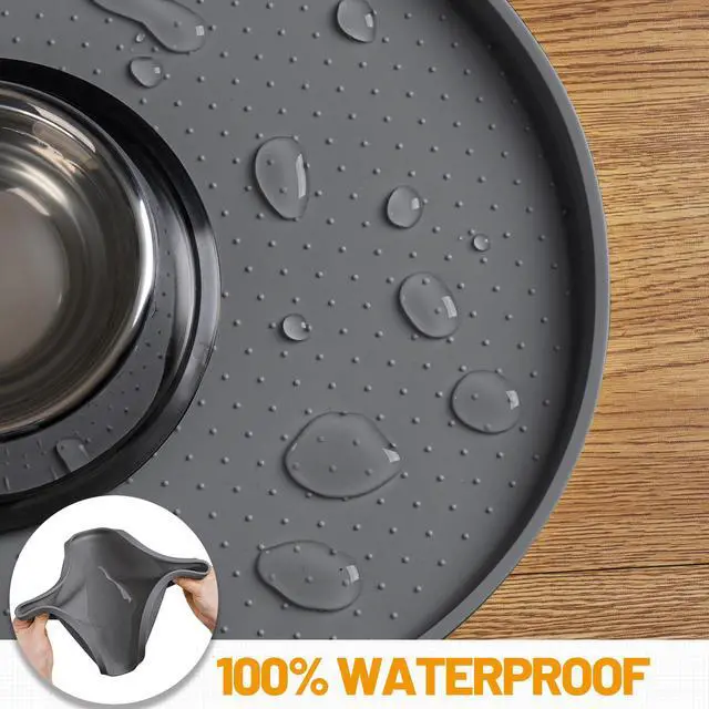 Alt view image 4 of 7 - 100% Waterproof Silicone Pet Feeding Mat with Raised Edge for Food and Water, Dog Bowl Mats, Cat Bowls Placemat with High Lip Protects Floor for Cats and Dogs (Gray, 19" L x 12" W)