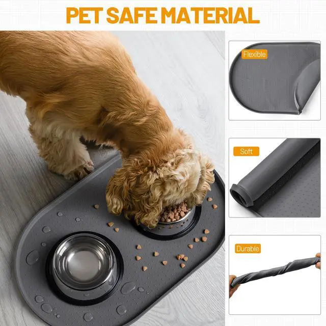 Alt view image 5 of 7 - 100% Waterproof Silicone Pet Feeding Mat with Raised Edge for Food and Water, Dog Bowl Mats, Cat Bowls Placemat with High Lip Protects Floor for Cats and Dogs (Gray, 19" L x 12" W)