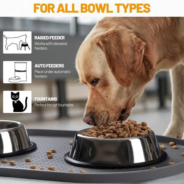 Alt view image 6 of 7 - 100% Waterproof Silicone Pet Feeding Mat with Raised Edge for Food and Water, Dog Bowl Mats, Cat Bowls Placemat with High Lip Protects Floor for Cats and Dogs (Gray, 19" L x 12" W)