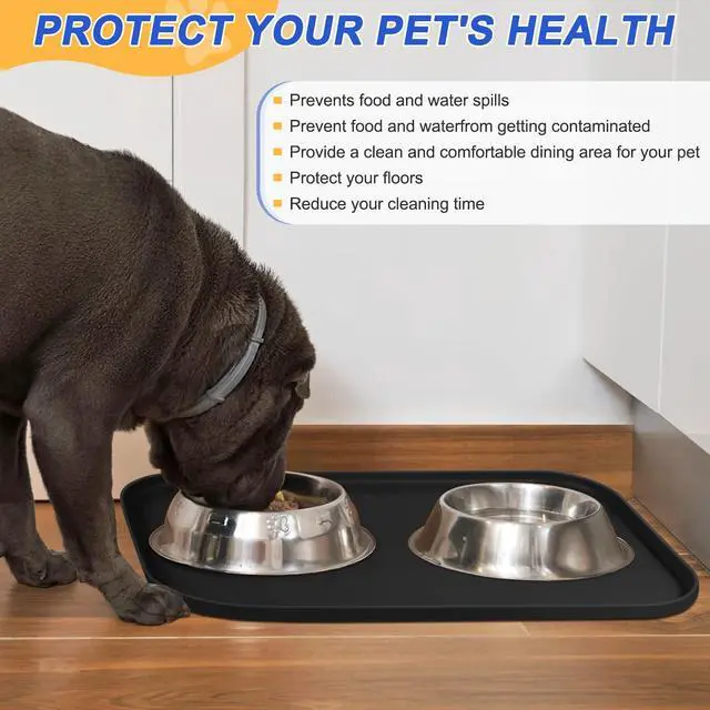 Alt view image 5 of 7 - Waterproof Silicone Pet Food Mat with Raised Edge for Dog & Cat | 19" x 12" Non-Slip Pet Feeding Mats with Lip for Food & Water Bowl, Food Grade, Easy Cleaning, Black