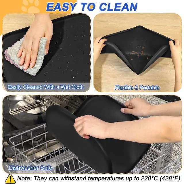 Alt view image 6 of 7 - Waterproof Silicone Pet Food Mat with Raised Edge for Dog & Cat | 19" x 12" Non-Slip Pet Feeding Mats with Lip for Food & Water Bowl, Food Grade, Easy Cleaning, Black