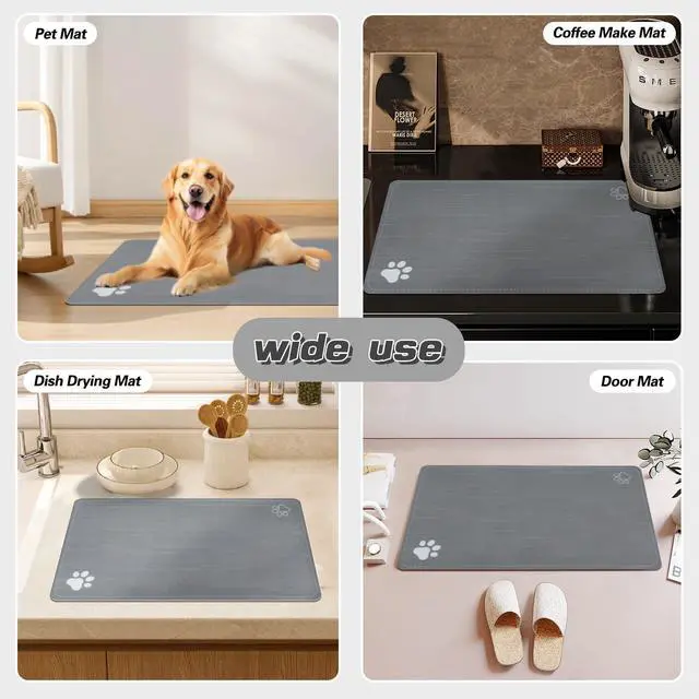 Alt view image 4 of 6 - Cat & Dog Feeding Mat for Bowl-Pet Eating mat,Absorbent Non-Slip,Quick Dry Dog Water Bowl Dispenser Mat,Backing Pet Placemat for Messy Drinkers,Grey.Dog Paw-11.8x19.7 in