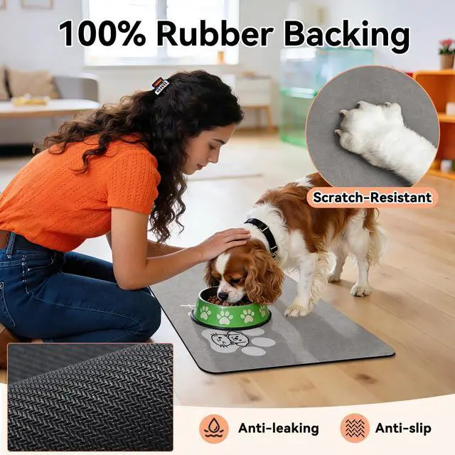 Alt view image 4 of 7 - Dog Food Mat Cat Feeding Mat for Food and Water Bowls,12"x20",Grey | Non Slip Absorbent Quick Dry Pet Feeding Mats for Floors with Waterproof Rubber Backed Dog Placemat Mats for Messy Drinkers