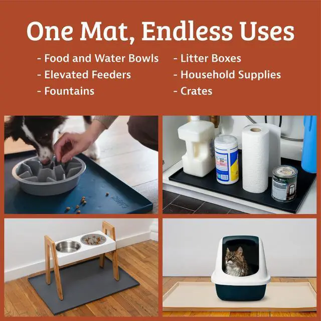 Alt view image 6 of 7 - Rectangular Silicone Pet Feeding Tray - Raised-Edge Waterproof Dog Bowl Mat - Flexible Silicone Tray - Easy-Clean Cat Food Mat - Small, 18 x 11 in, Gray