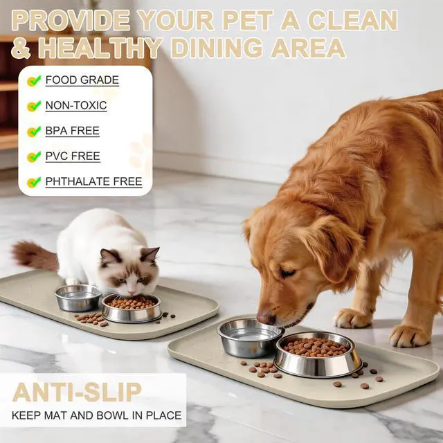 Alt view image 3 of 7 - Waterproof Silicone Pet Food Mat with Raised Edge for Dog & Cat | 2 Pack 19" x 12" Non-Slip Pet Feeding Mats with Lip for Food & Water Bowl, Food Grade, Easy Cleaning, Beige