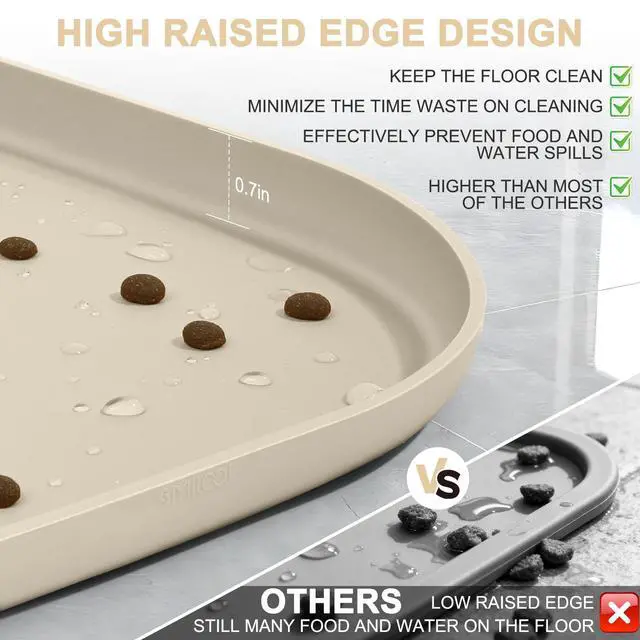 Alt view image 4 of 7 - Waterproof Silicone Pet Food Mat with Raised Edge for Dog & Cat | 2 Pack 19" x 12" Non-Slip Pet Feeding Mats with Lip for Food & Water Bowl, Food Grade, Easy Cleaning, Beige