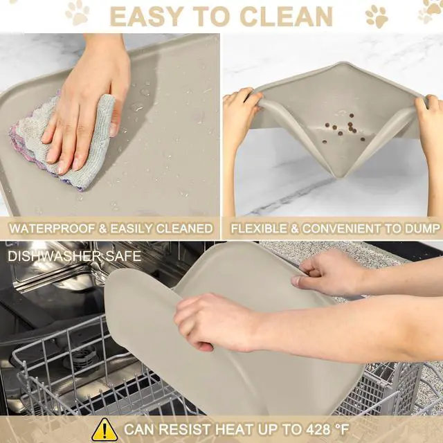 Alt view image 6 of 7 - Waterproof Silicone Pet Food Mat with Raised Edge for Dog & Cat | 2 Pack 19" x 12" Non-Slip Pet Feeding Mats with Lip for Food & Water Bowl, Food Grade, Easy Cleaning, Beige