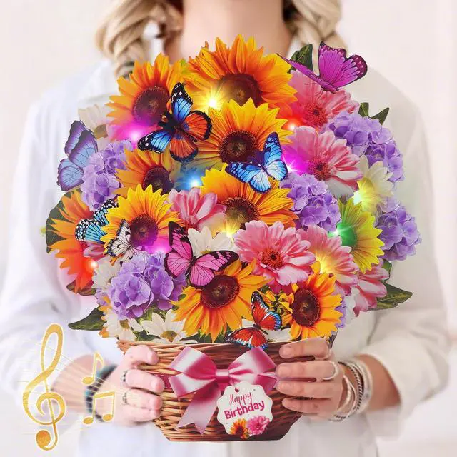 Main image of Birthday Card with MUSIC LIGHTS, Pop Up Sunflower Bouquet For Women | 10 Inch Life Size, Play Birthday Song, Lights Dance, 3D Paper Forever Flower, Musical Birthday Cards Gift For Mom Wife